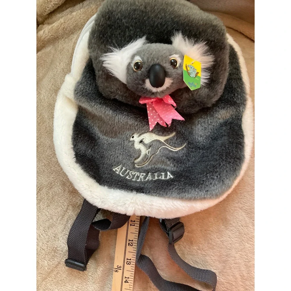 Softoi Australia Koala Plush Backpack Grey Faux‎ Fur Kangaroo Souvenir Bag NWT